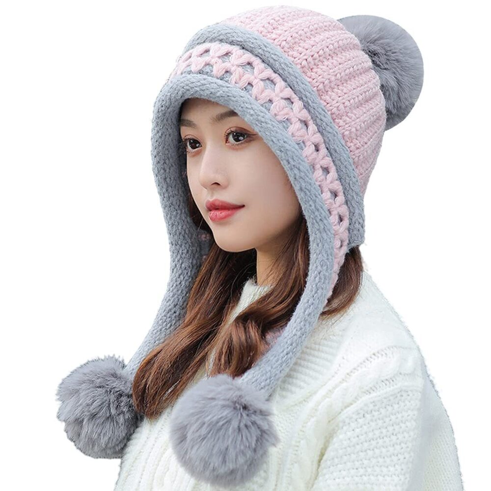 5818 Winter Beanie Hat Earflap Peruvian Warm Slouchy Fleece Lined 3 Pom